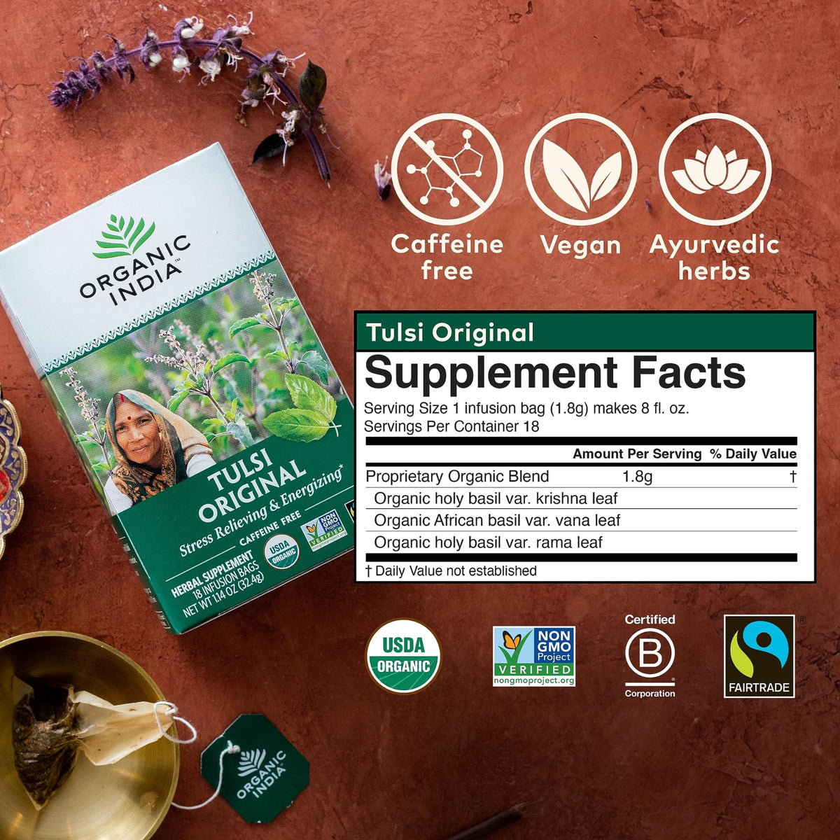 Thé Herbal Tulsi Original ORGANIC INDIA avec des fleurs et des agrumes