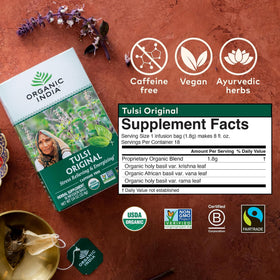 Thé Herbal Tulsi Original ORGANIC INDIA avec des fleurs et des agrumes