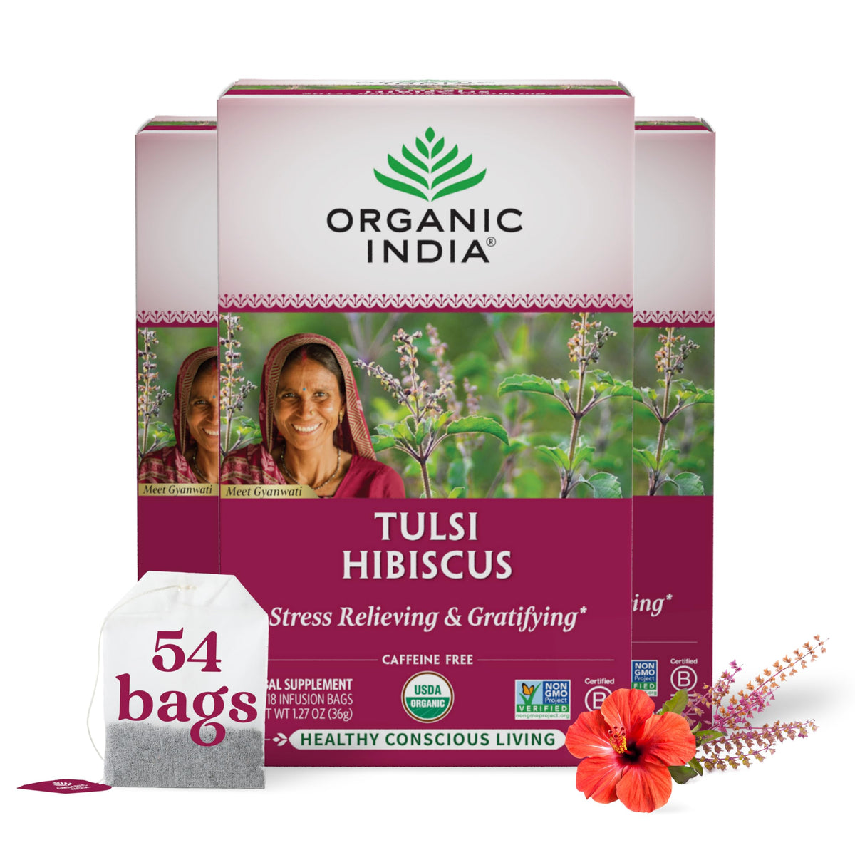 Thé hibiscus Tulsi ORGANIC INDIA sachets bio avant ouverture