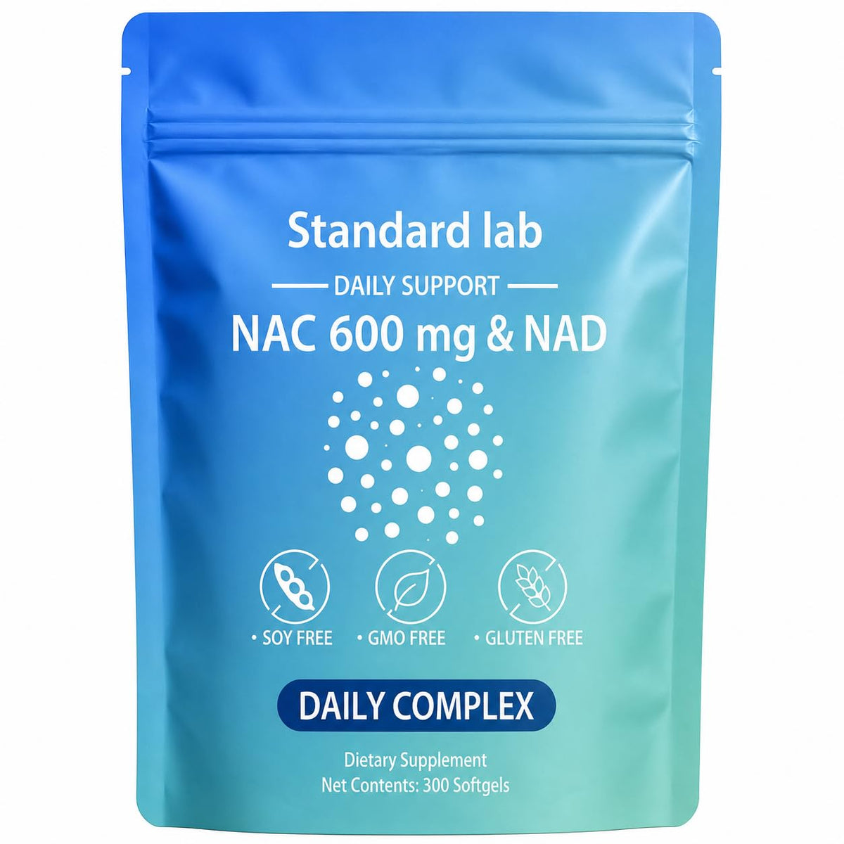 The standard lab NAC 600 mg & NAD Daily Complex 300 softgels packaging front view