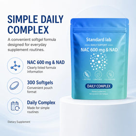 The standard lab NAC 600 mg & NAD Daily Complex softgels against a white background