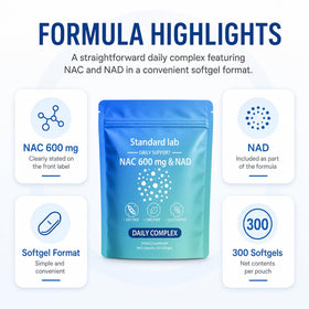 The standard lab NAC 600 mg & NAD Daily Complex softgels close-up
