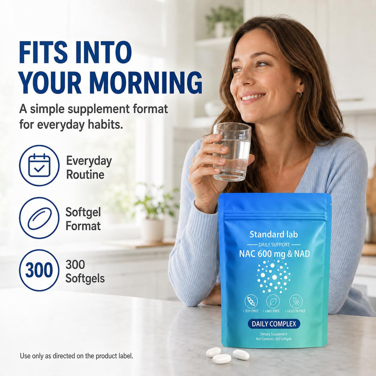 The standard lab NAC 600 mg & NAD Daily Complex softgels inside resealable pouch