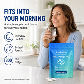 The standard lab NAC 600 mg & NAD Daily Complex softgels inside resealable pouch