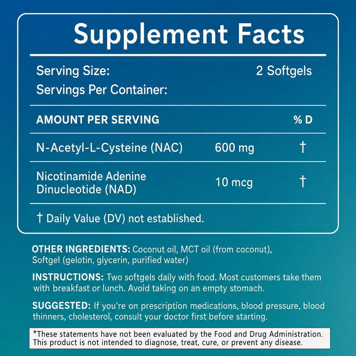 The standard lab NAC 600 mg & NAD Daily Complex softgels on a wooden table