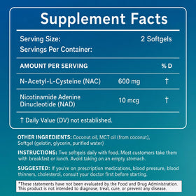 The standard lab NAC 600 mg & NAD Daily Complex softgels on a wooden table