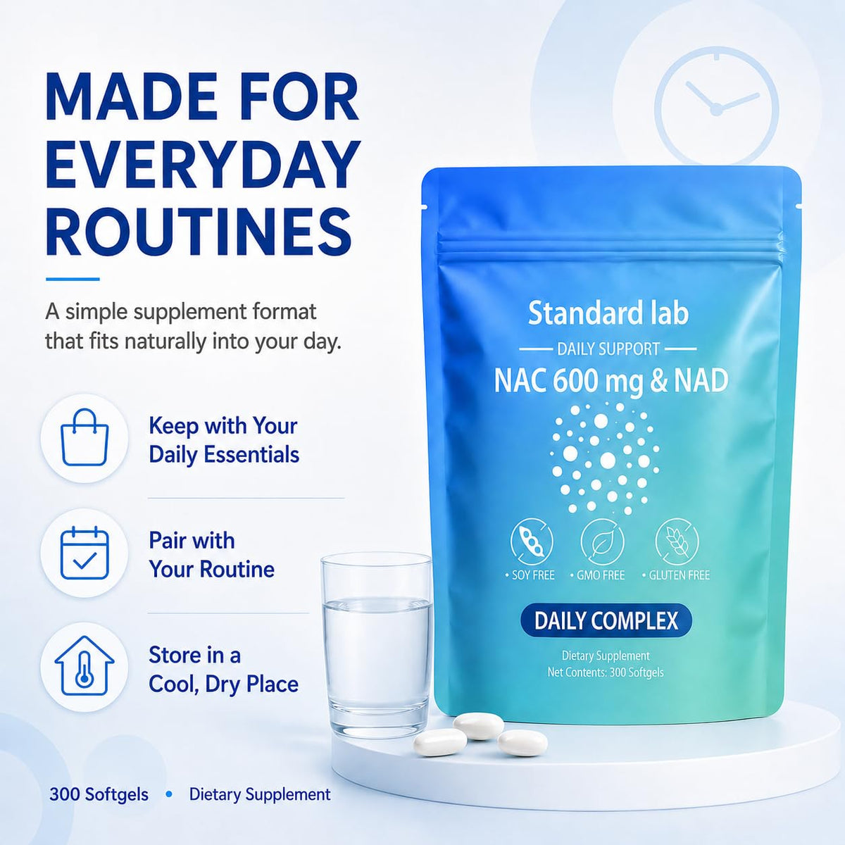 The standard lab NAC 600 mg & NAD Daily Complex softgels with measuring spoon