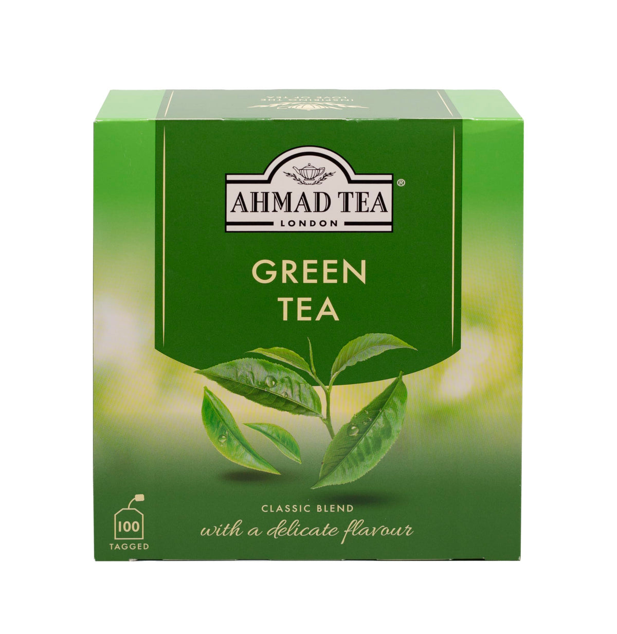 Thé Vert Ahmad Tea 100 sachets étiquetés, devant la boîte
