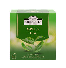 Thé Vert Ahmad Tea 100 sachets étiquetés, devant la boîte
