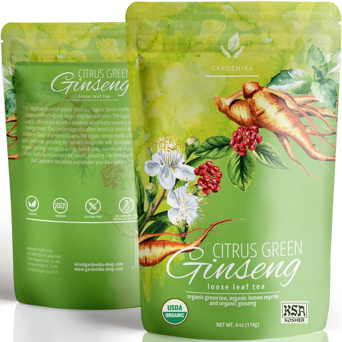 Thé vert bio Gardenika en feuilles libres avec emballage