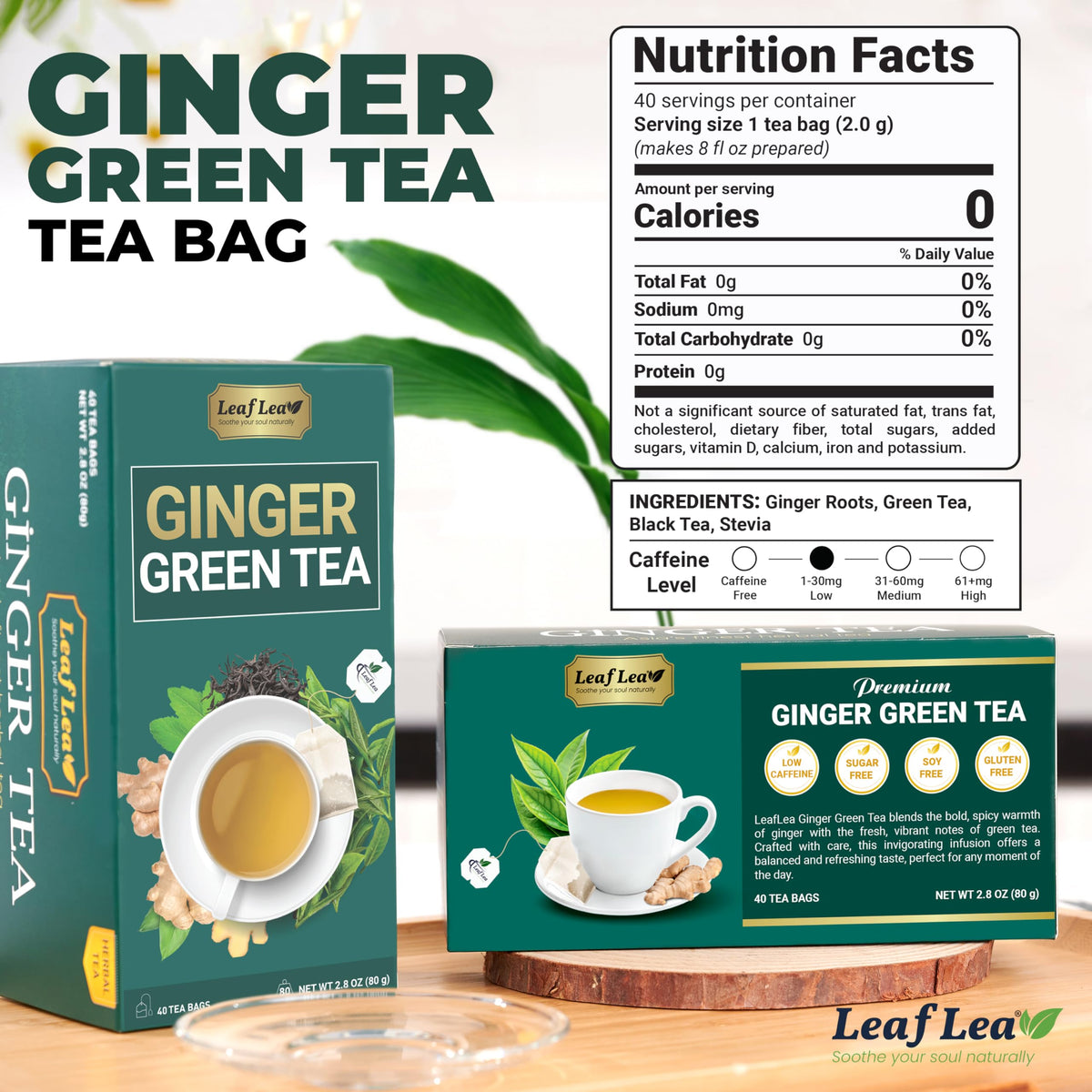 Thé vert gingembre LeafLea infusion chaude dans une tasse