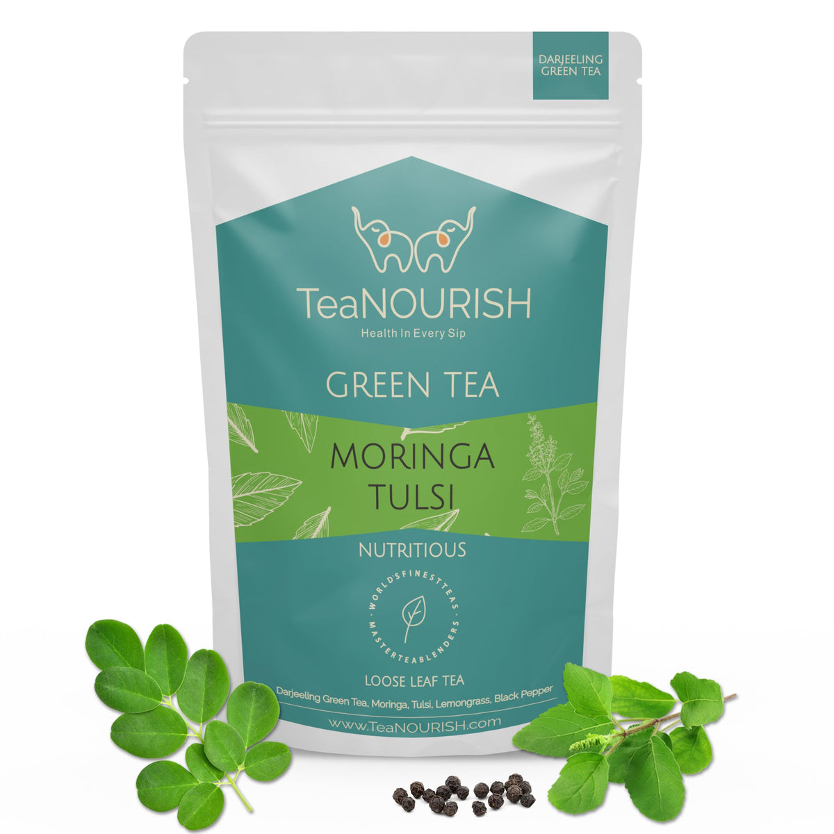 Thé Vert Moringa Tulsi TEANOURISH 80g, vue avant du packaging