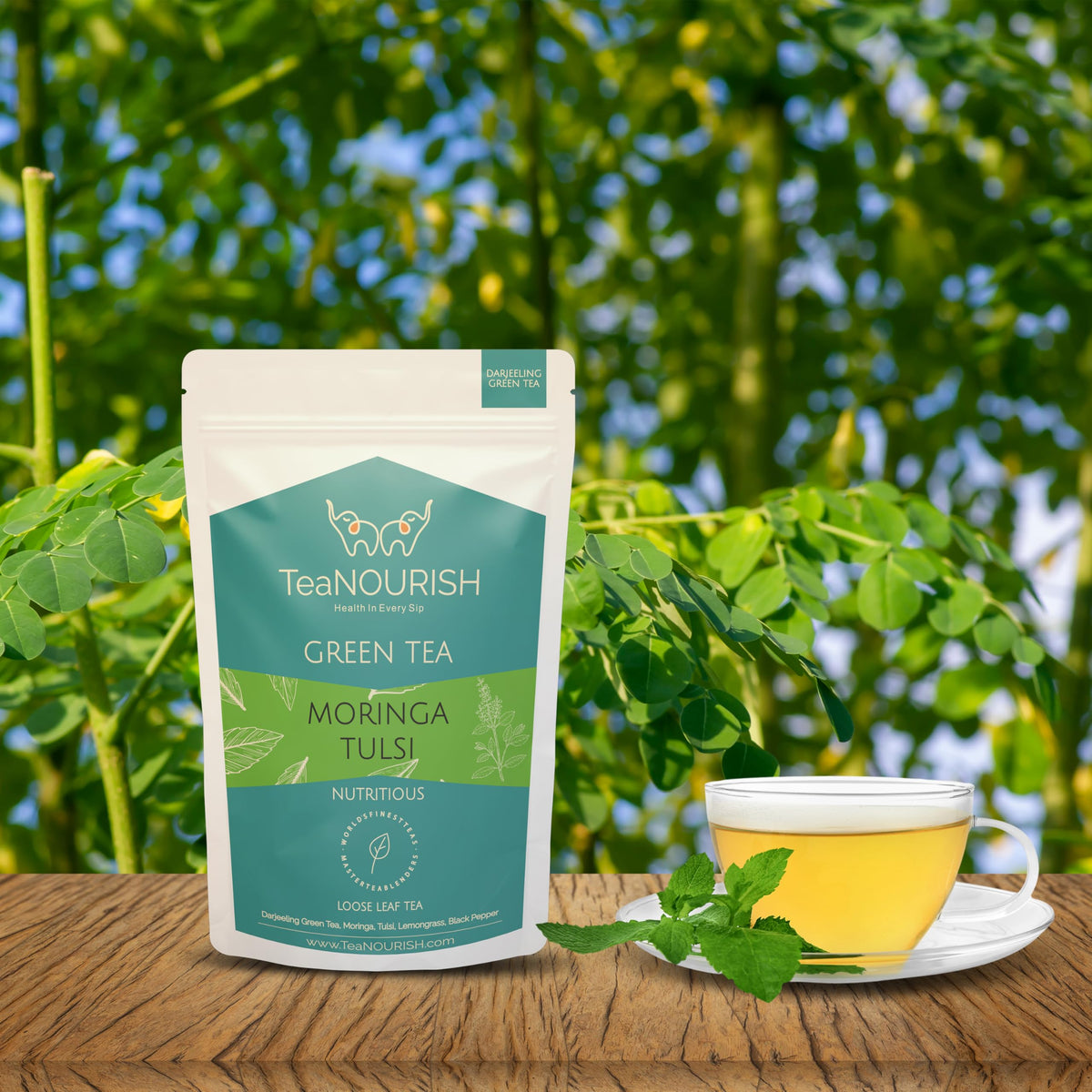 Thé Vert Moringa Tulsi TEANOURISH avec feuilles en vrac