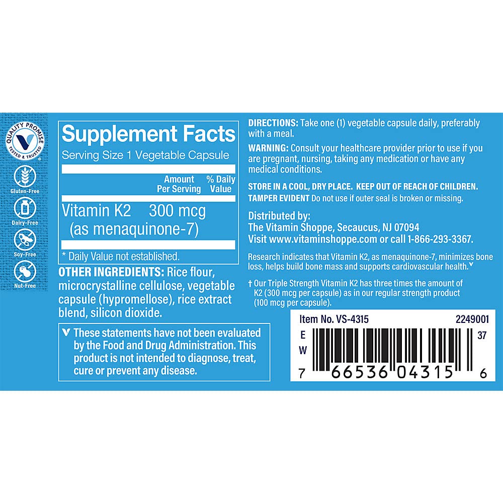 The Vitamin Shoppe K2 MK-7 300 mcg gélules végétales avec étiquette clairement visible