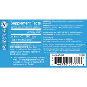 The Vitamin Shoppe K2 MK-7 300 mcg gélules végétales avec étiquette clairement visible