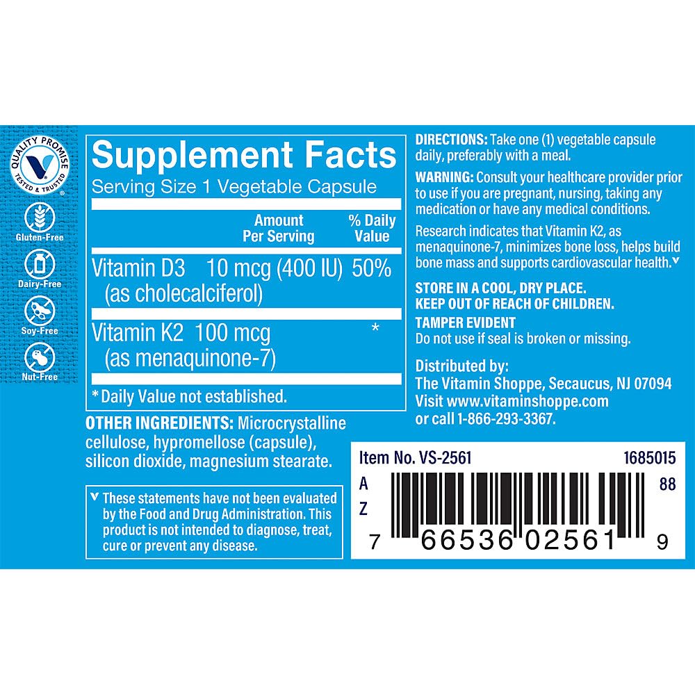 The Vitamin Shoppe K2 MK-7 capsules showing the dosage of 100 MCG