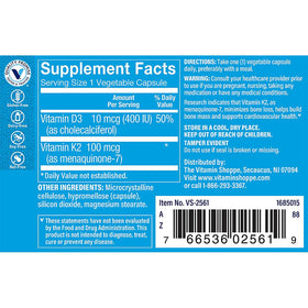 The Vitamin Shoppe K2 MK-7 capsules showing the dosage of 100 MCG