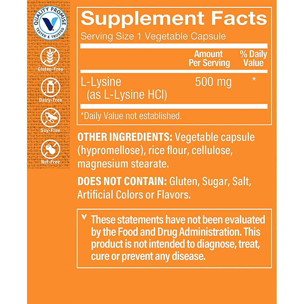 The Vitamin Shoppe L-Lysine 500MG 300 capsules étiquette