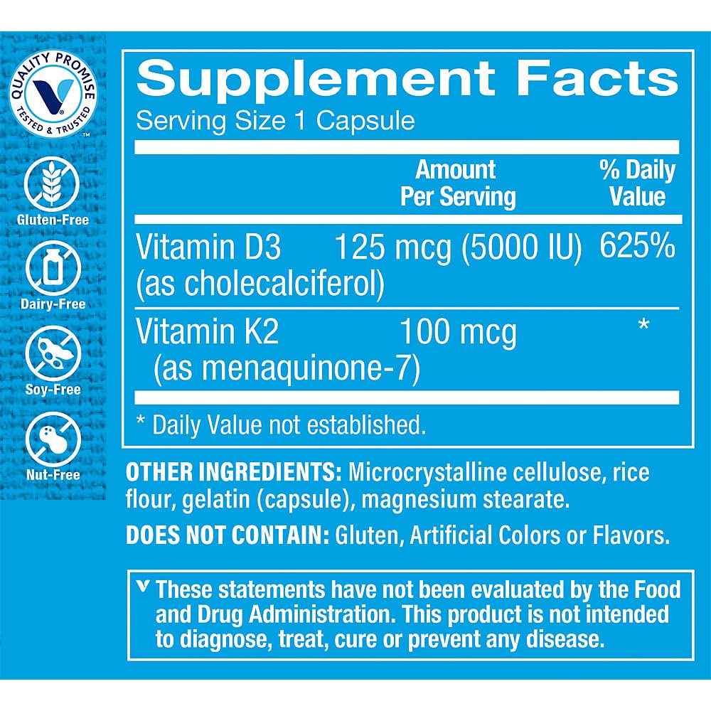 The Vitamin Shoppe Vitamine D3 K2 5000 IU 120 Capsules emballage