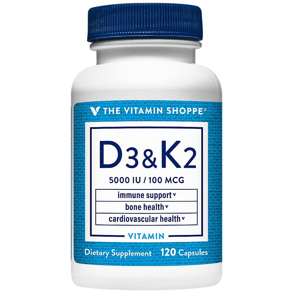 The Vitamin Shoppe Vitamine D3 K2 5000 IU 120 Capsules vue de face