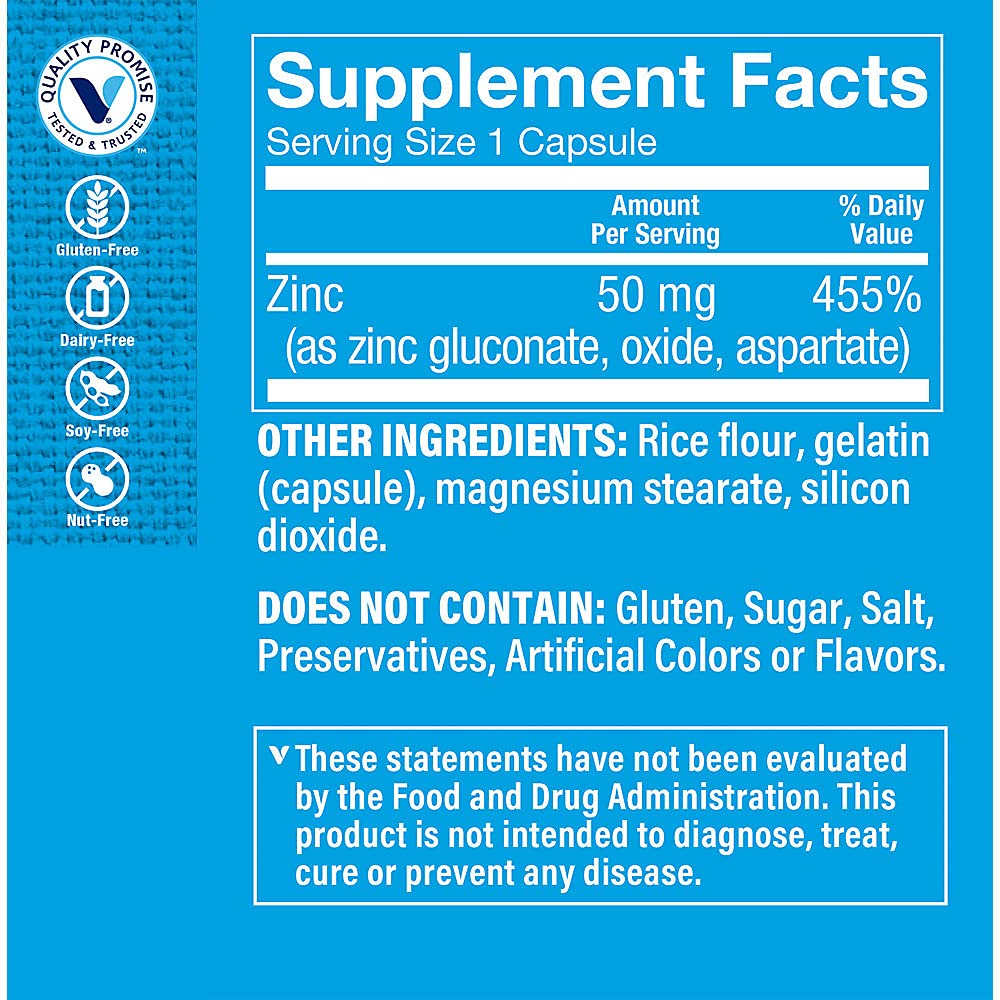 The Vitamin Shoppe Zinc 50 MG 100 capsules side view