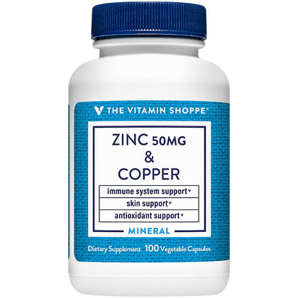 The Vitamin Shoppe Zinc 50 MG avec Cuivre 100 capsules, vue de face