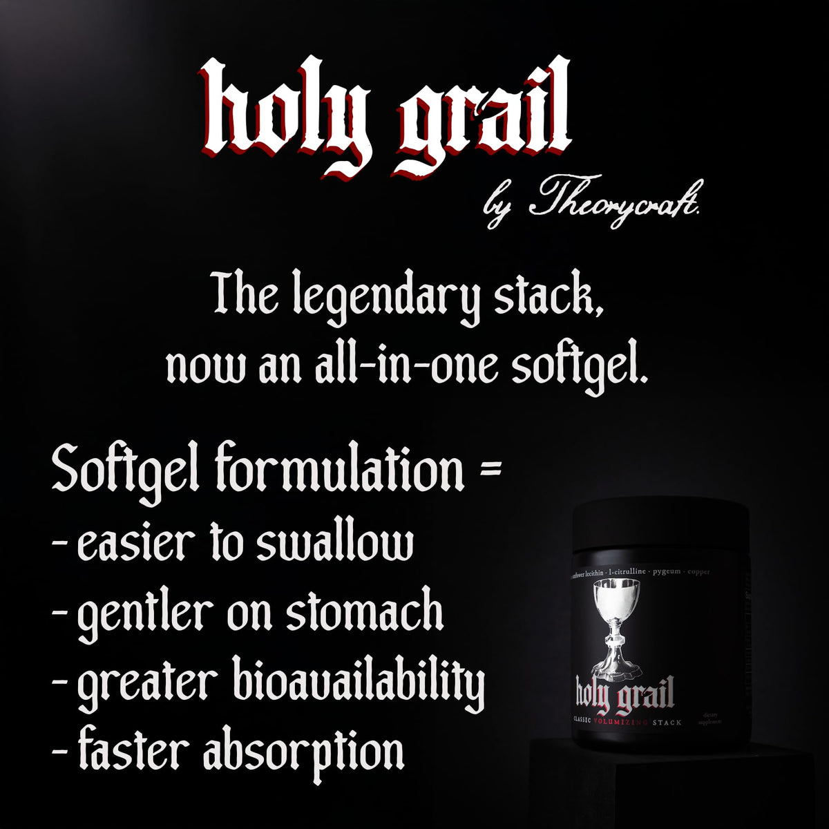 Theorycraft Holy Grail gélules faciles à avaler sur une surface blanche