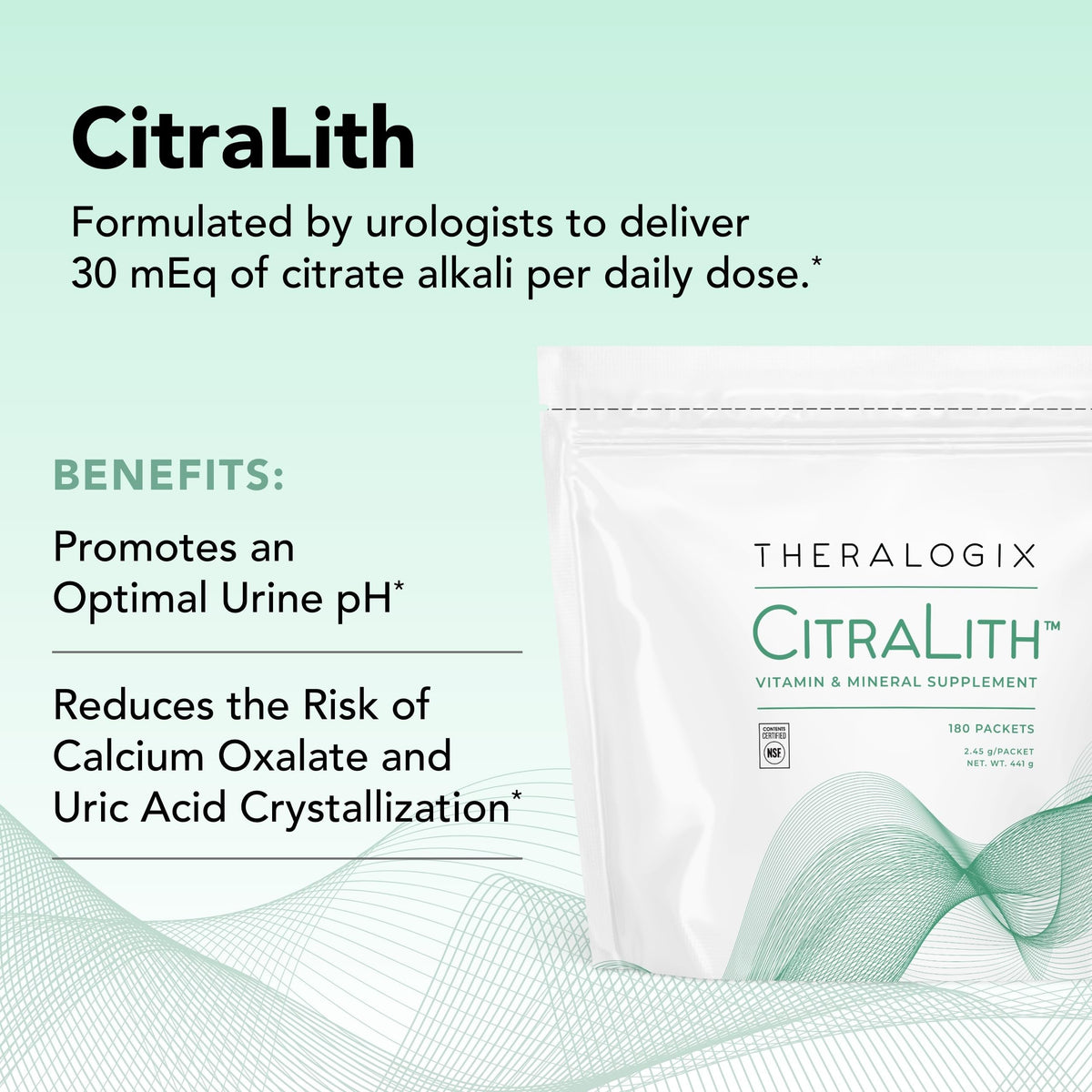Theralogix CitraLith sachets à côté d'une boisson non gazeuse
