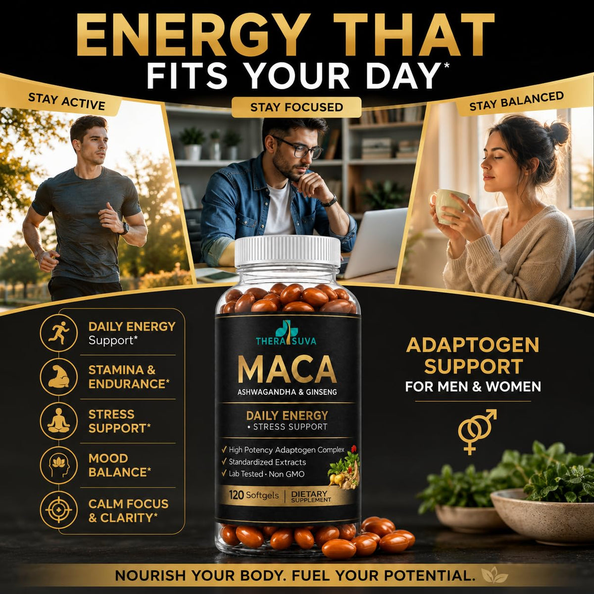 TheraSuva 3 en 1 Ashwagandha Maca Ginseng avec ingrédients