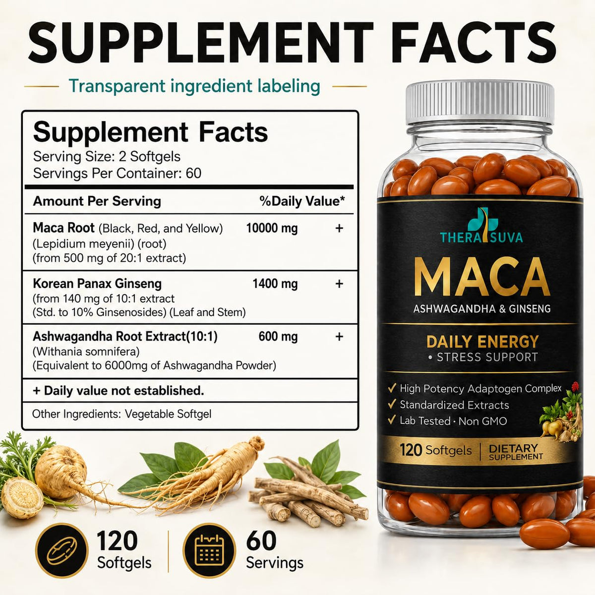 TheraSuva 3 en 1 Ashwagandha Maca Ginseng gélules sur une table