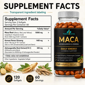 TheraSuva 3 en 1 Ashwagandha Maca Ginseng gélules sur une table