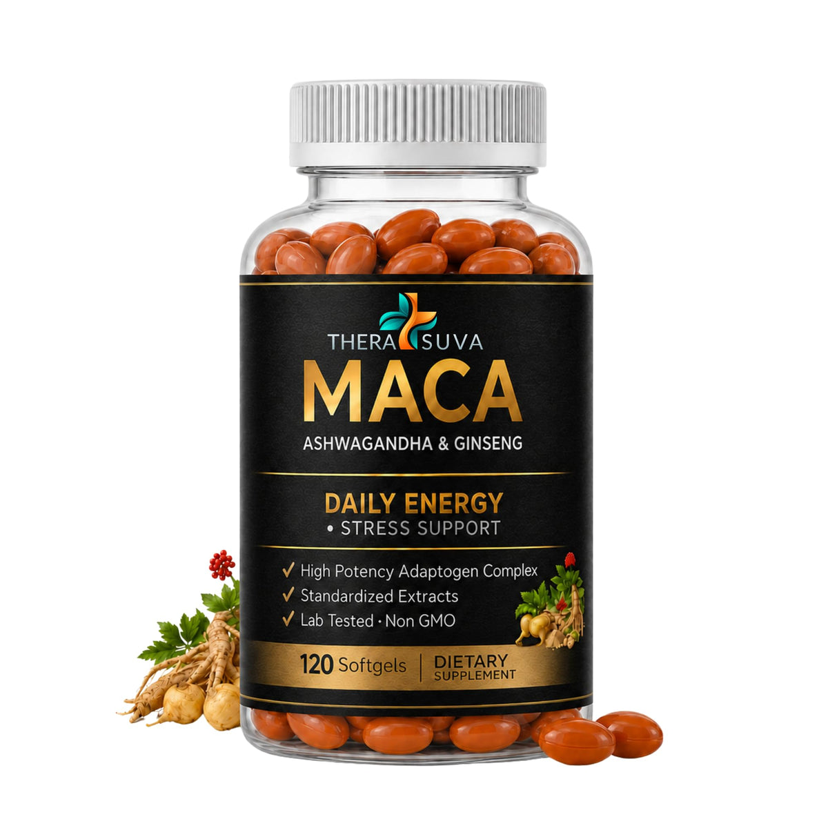 TheraSuva 3 en 1 Ashwagandha Maca Ginseng gélules végétales vue de face