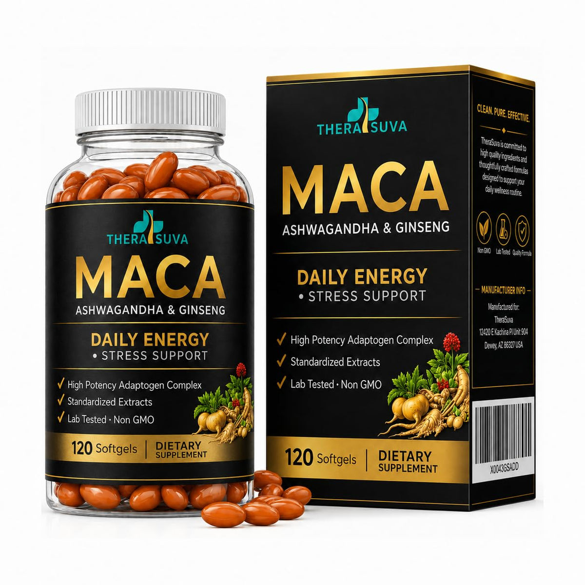 TheraSuva 3 en 1 Ashwagandha Maca Ginseng sur un fond naturel