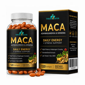 TheraSuva 3 en 1 Ashwagandha Maca Ginseng sur un fond naturel