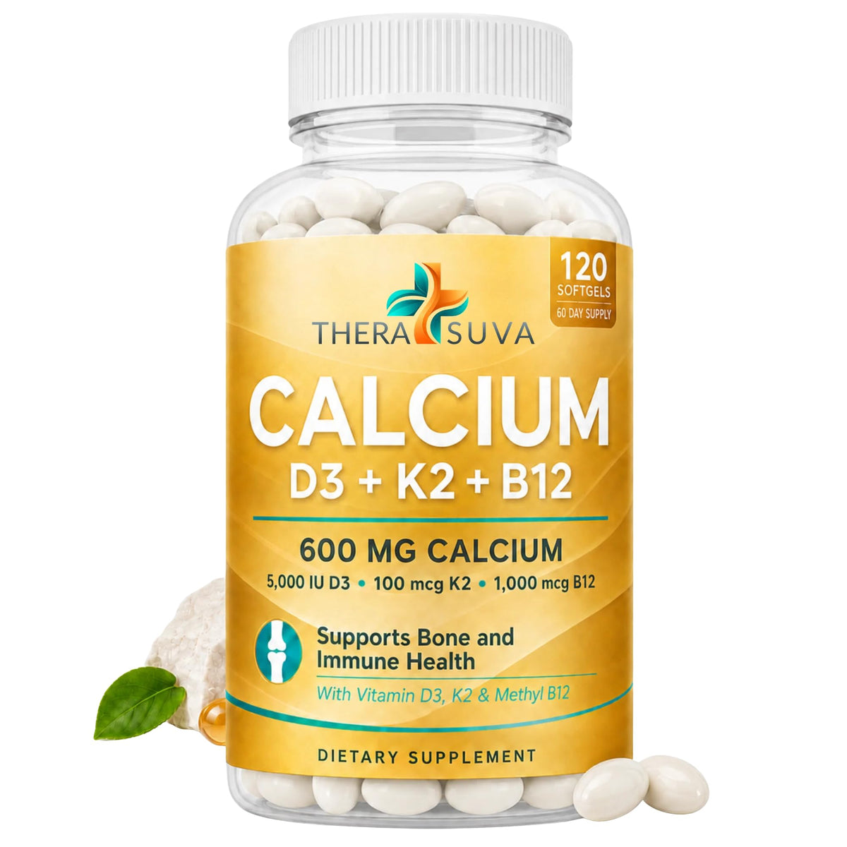 TheraSuva Complément Alimentaire Calcium 600mg D3 K2 B12 120 Capsules vue de face