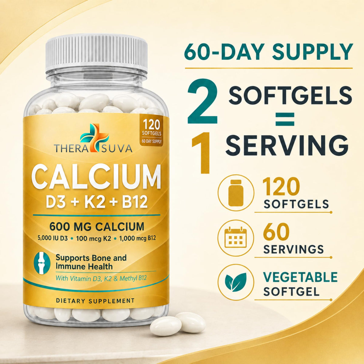 TheraSuva Complément Alimentaire Calcium 600mg D3 K2 B12 120 Capsules vue de côté