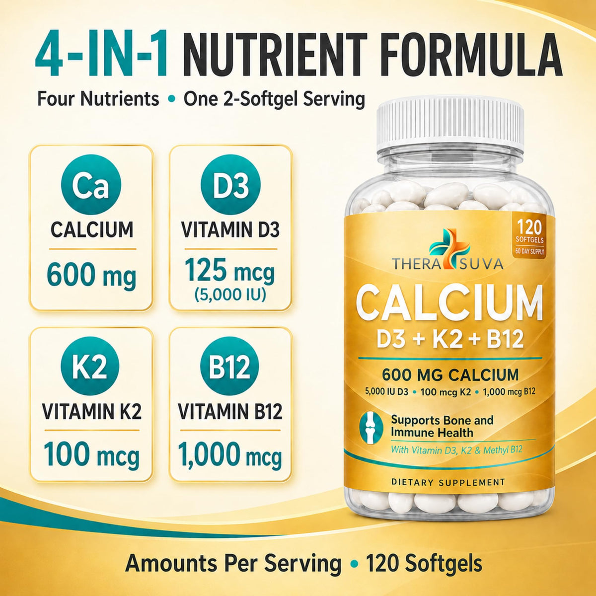 TheraSuva Complément Alimentaire Calcium 600mg D3 K2 B12 120 Capsules sur fond blanc