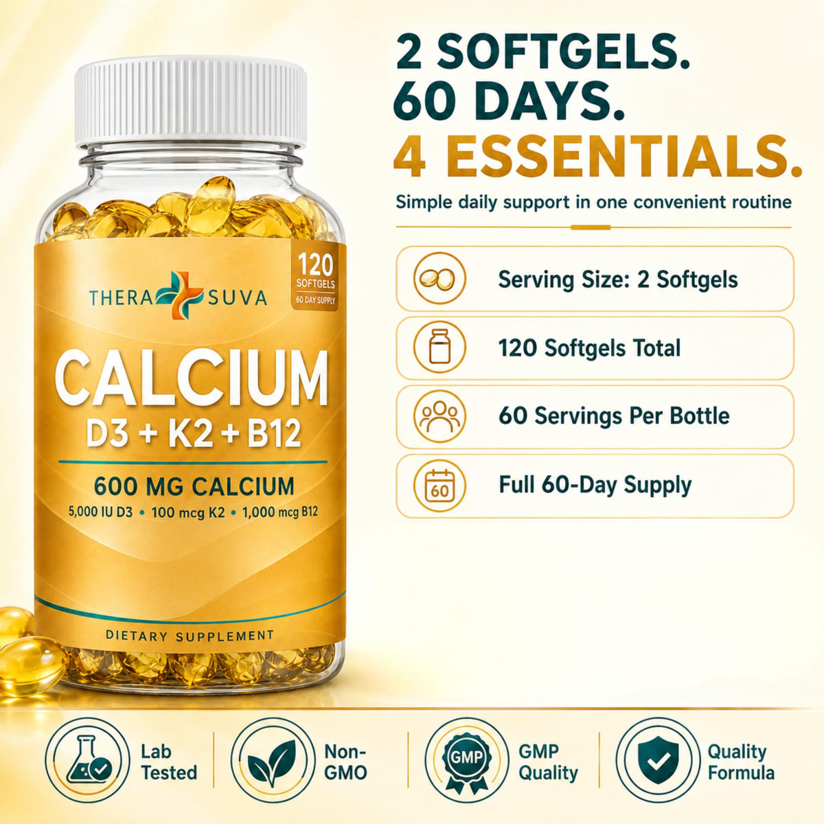 TheraSuva Complément Alimentaire Calcium 600mg D3 K2 B12 120 Capsules avec d'autres compléments