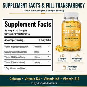 TheraSuva Complément Alimentaire Calcium 600mg D3 K2 B12 120 Capsules ouverte