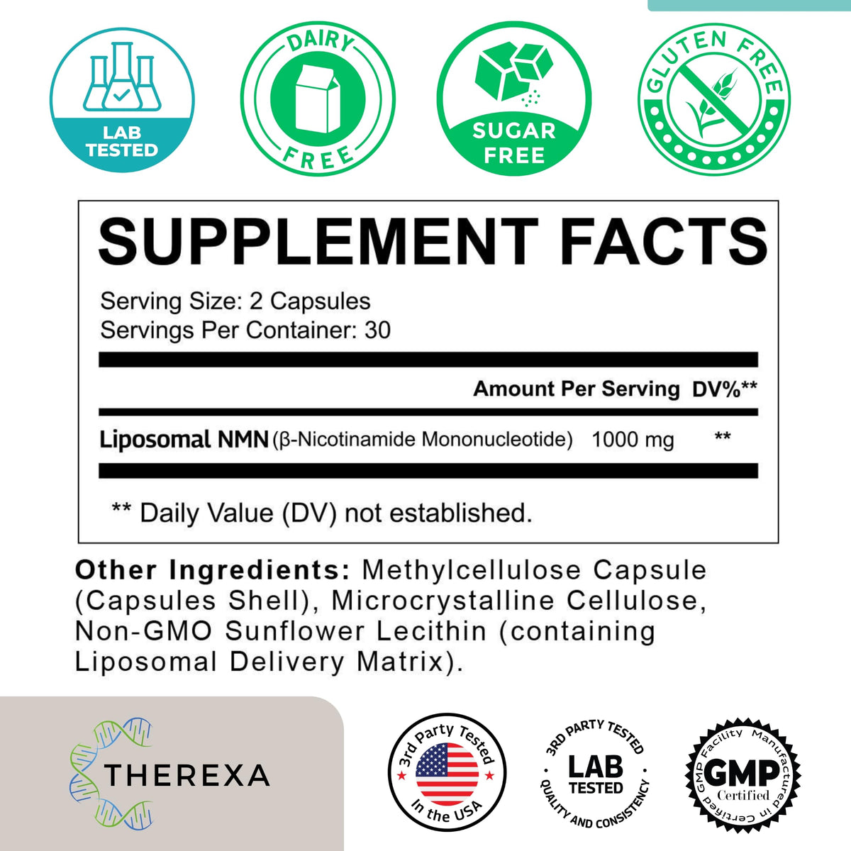 THEREXA Complément Alimentaire NMN 1000mg Liposomal boîte arrière