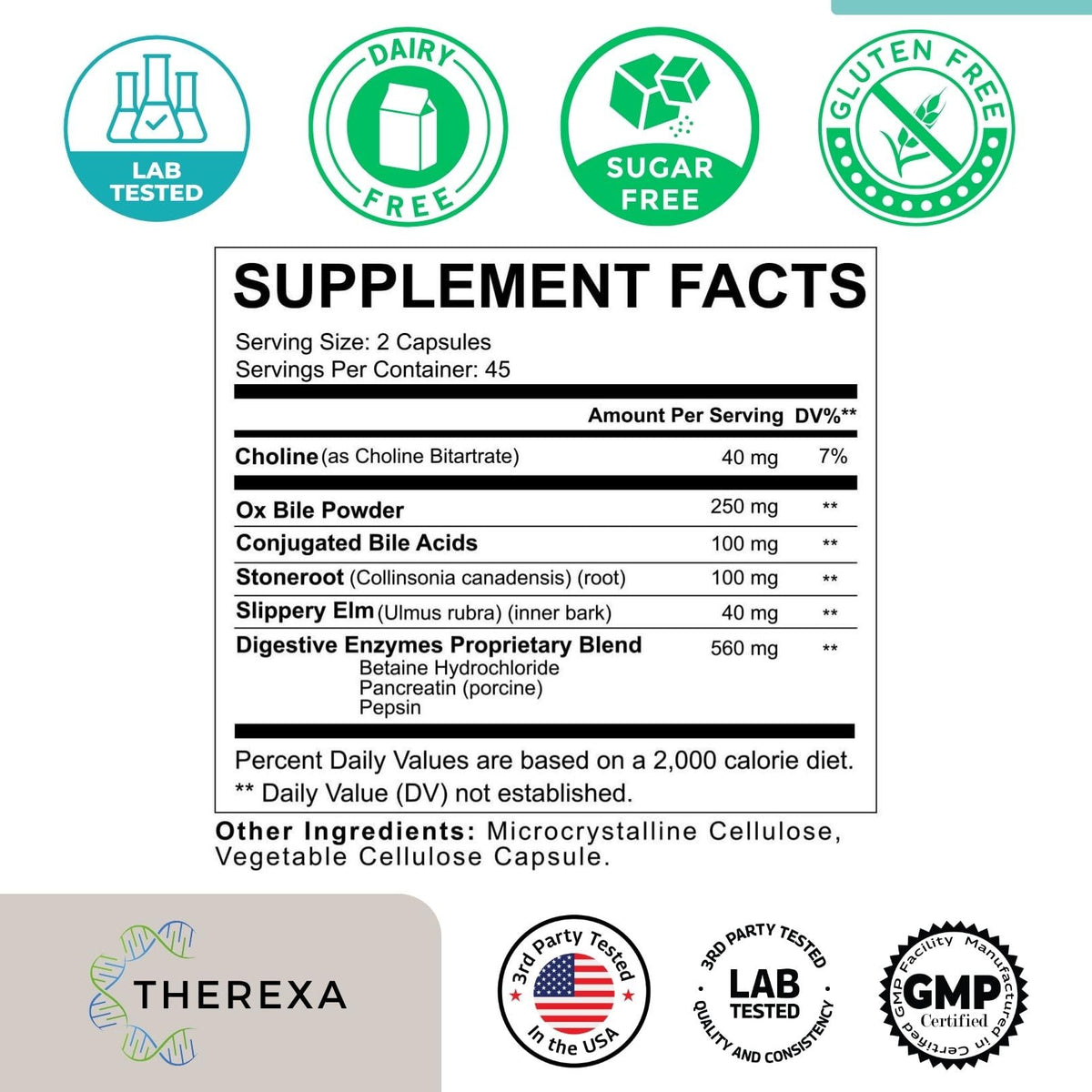 THEREXA Compléments Alimentaires Bile Ox 90 Capsules arrière avec ingrédients