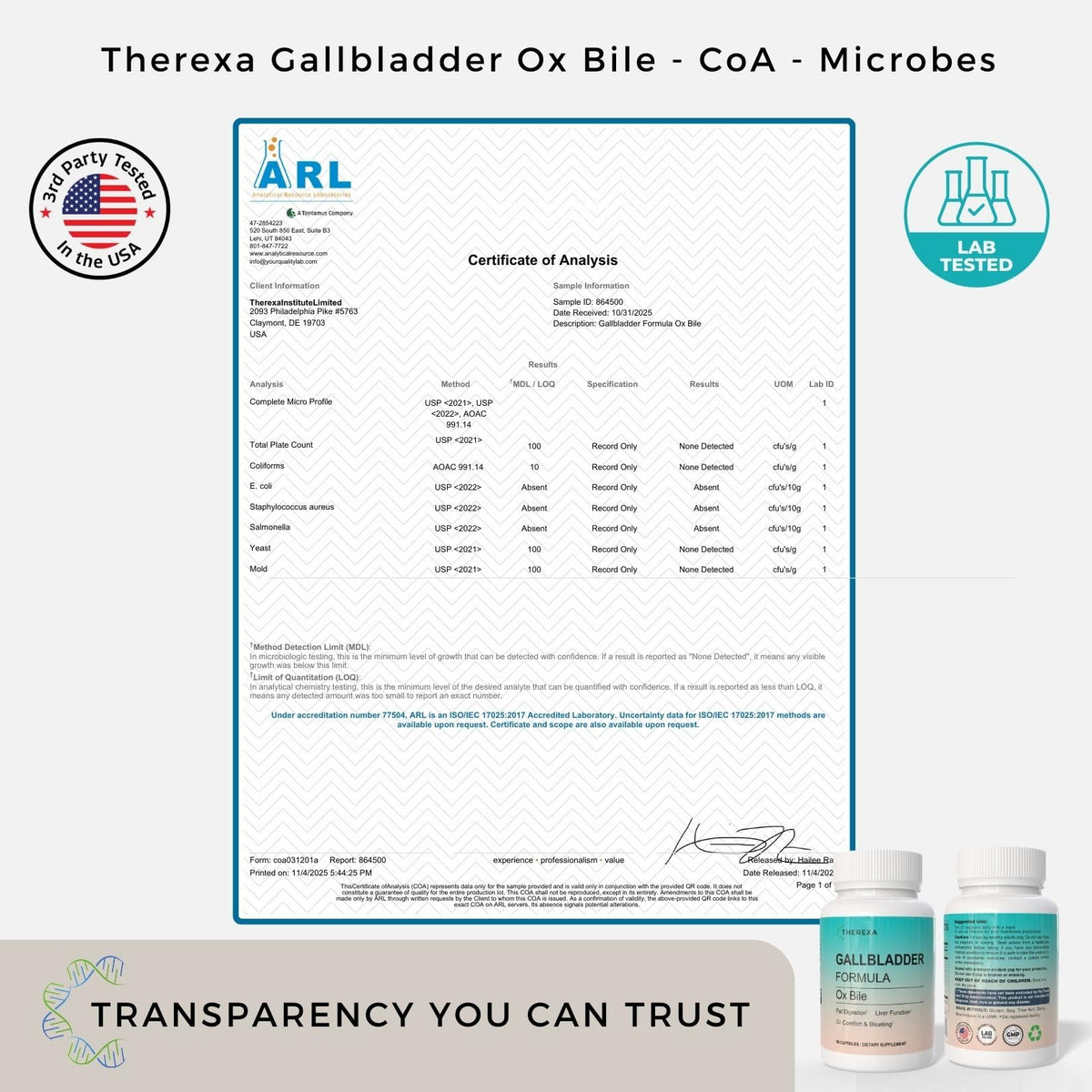 THEREXA Compléments Alimentaires Bile Ox 90 Capsules avec une main pour dimension