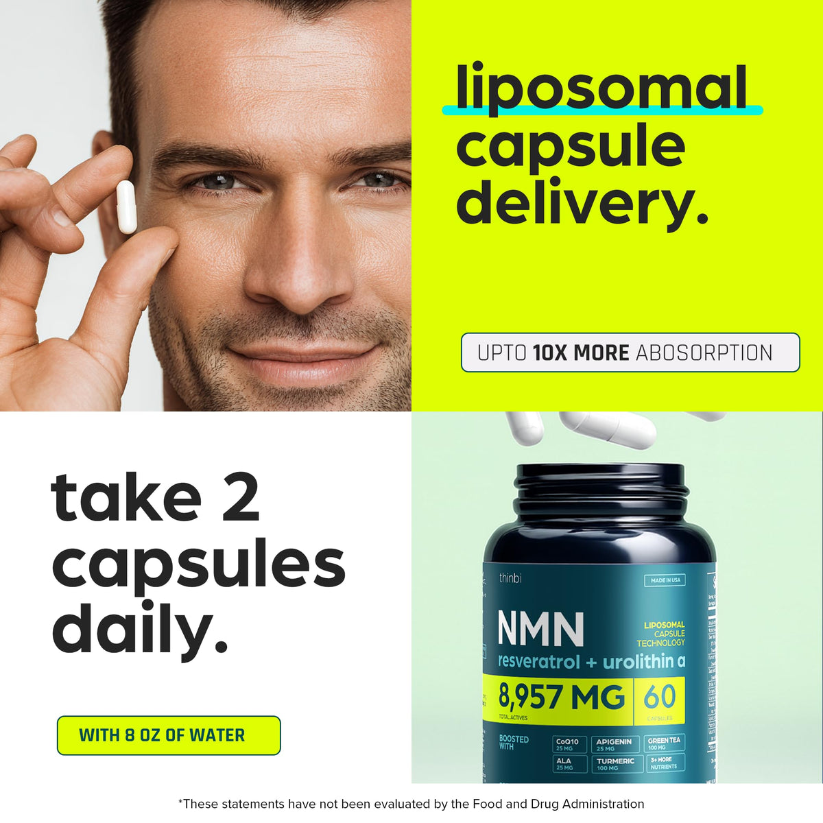 Thinbi Complément Alimentaire NMN & NAD+, capsules sur une table