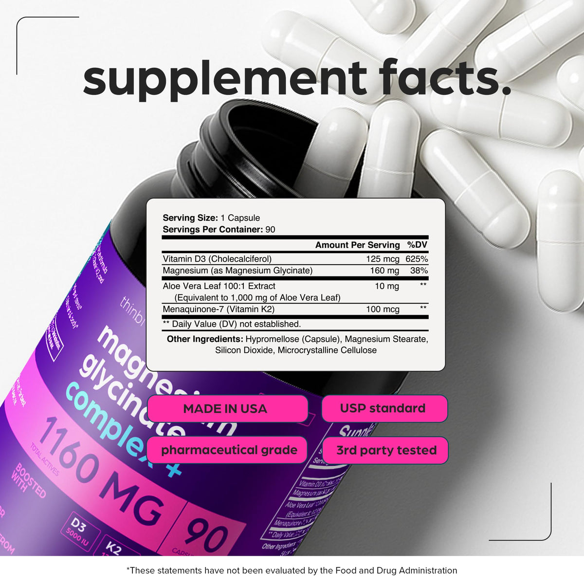 Thinbi Magnésium Glycinate D3 K2 Aloe vue de côté
