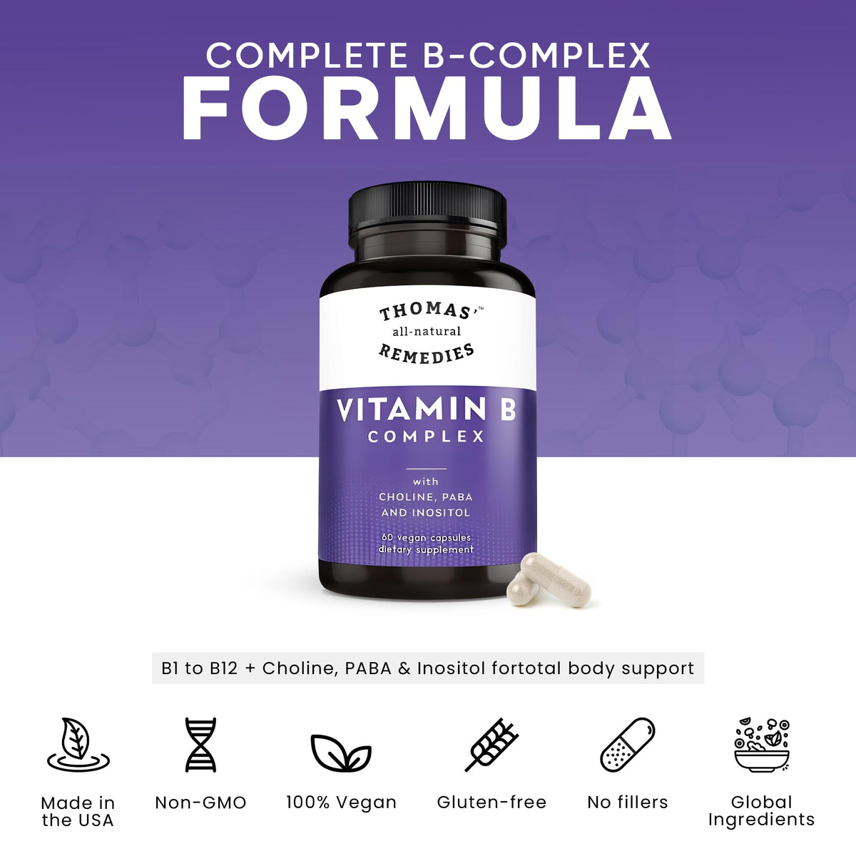 Thomas' all-natural Remedies Complément Alimentaire B Complex 50g étiquette et ingrédients
