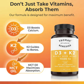 Thomas' all-natural Remedies D3 + K2 1000 IU avec Huile MCT, capsules sur une surface