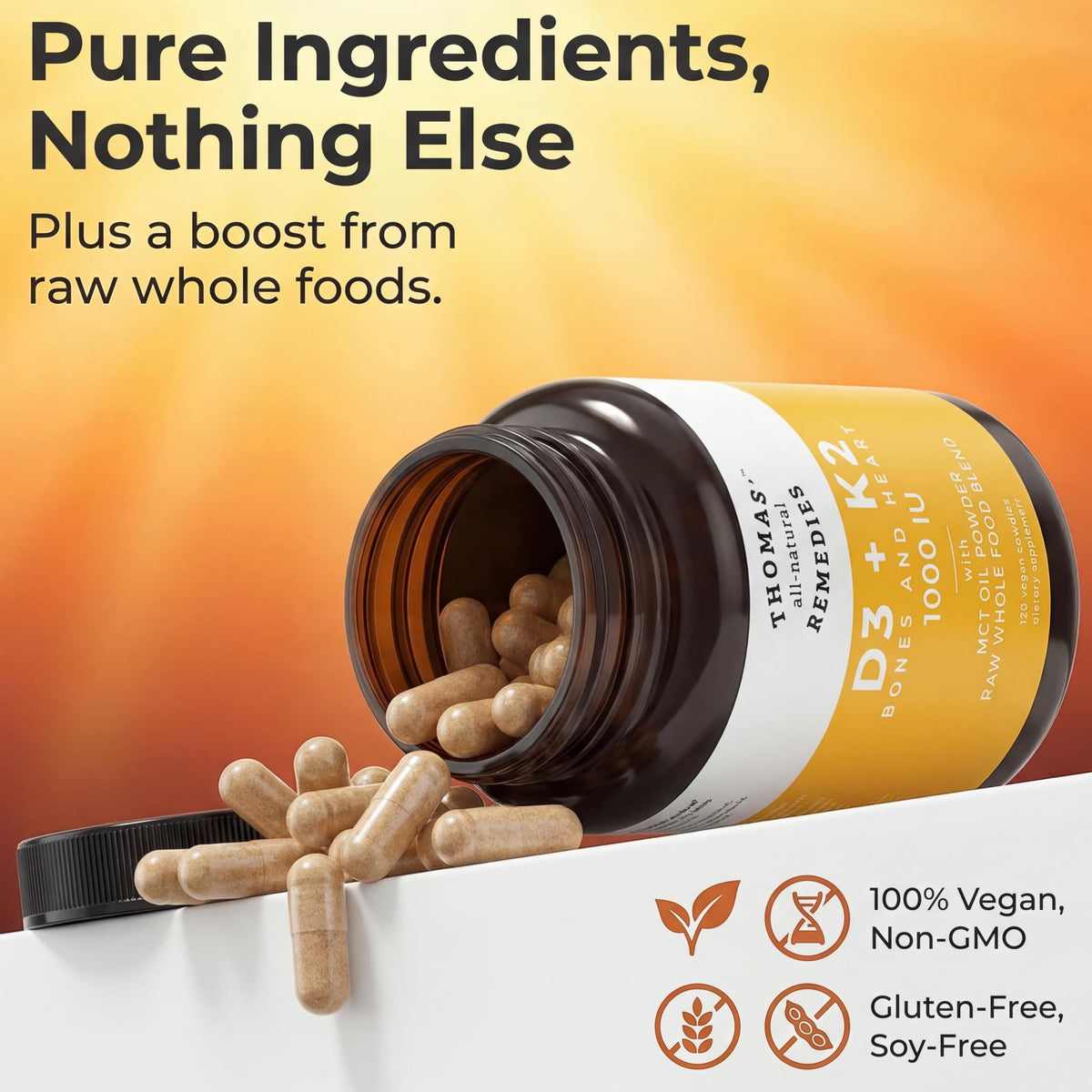 Thomas' all-natural Remedies D3 + K2 1000 IU avec Huile MCT, étiquette du produit