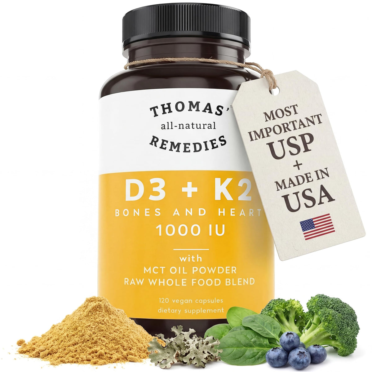 Thomas' all-natural Remedies D3 + K2 1000 IU avec Huile MCT, vue arrière