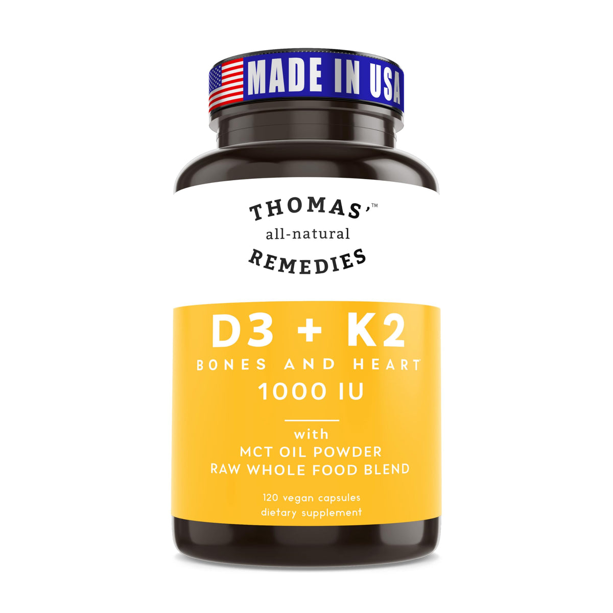 Thomas' all-natural Remedies D3 + K2 1000 IU avec Huile MCT, vue de face