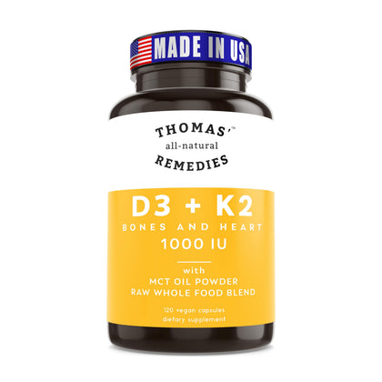Thomas' all-natural Remedies D3 + K2 1000 IU avec Huile MCT, vue de face